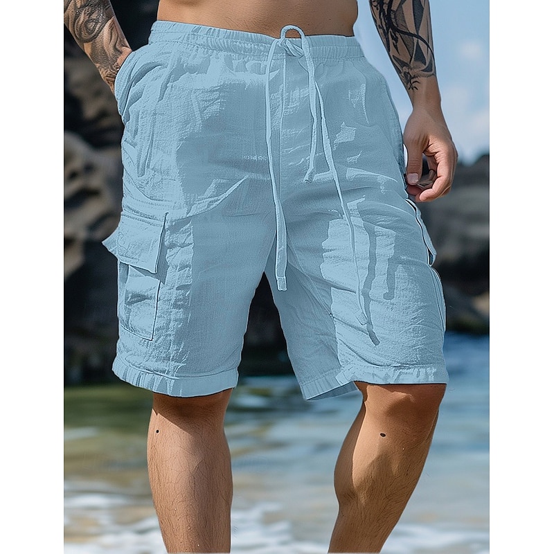 Men's Shorts Linen Shorts Summer Shorts Beach Shorts Drawstring Elastic Waist Multi Pocket Plain Knee Length Outdoor Beach Hawaiian Casual ArmyGreen Black Inelastic2