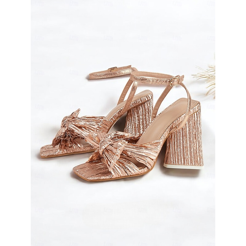 Rose Gold Block Heel Sandals with Textured Knot Detail and Adjustable Straps - Women's Elegant Evening or Party Wear