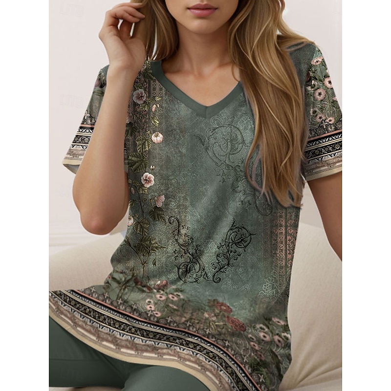 Women's 2 Pieces Fashion T Shirt Shorts Sets Below Knee Length Shorts Short Sleeve V Neck Floral Print Casual Daily Green Summer Regular Fit2