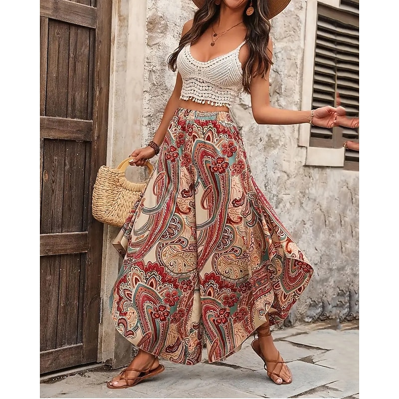 Women's Wide Leg Pants Trousers Lightweight Casual Full Length Mid Rise Floral Graphic Printing Breathability Comfortable Inelastic Home Casual Daily Brown Summer Spring Regular Fit