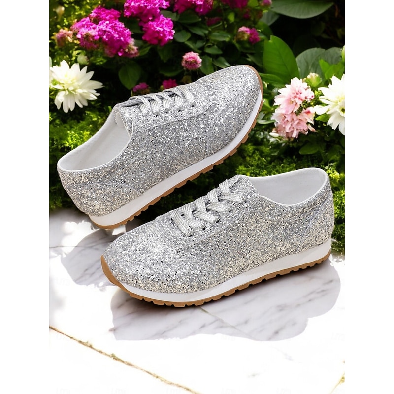 Women's Gold Glitter Lace-Up Sneakers with Comfortable Sole, Lightweight Design and Trendy Style for Parties, Casual Outfits and Festive Occasions4