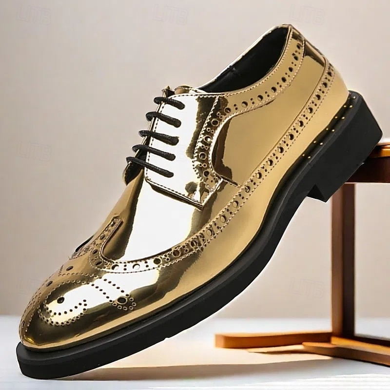 Men's Gold Patent Faux Leather Brogue Shoes - Classic Wingtip Lace-Up Design for Formal Events, Parties and Weddings