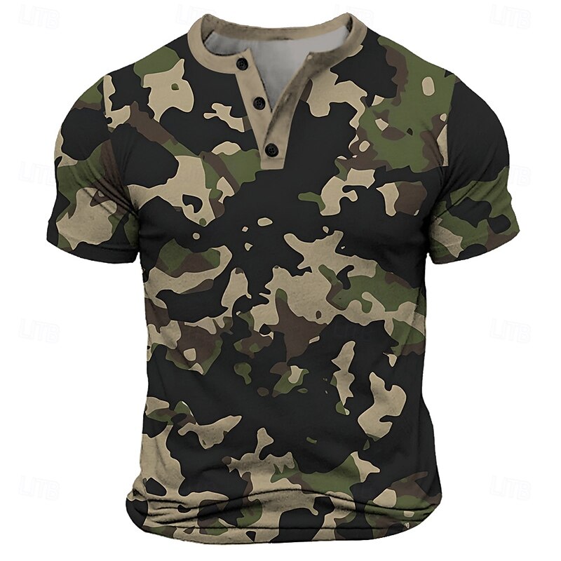 Men's Camouflage T Shirt Henley Shirt Short Sleeve Designer Retro Vintage Street Casual Daily Summer Spring Army Green Henley Henley T-Shirt