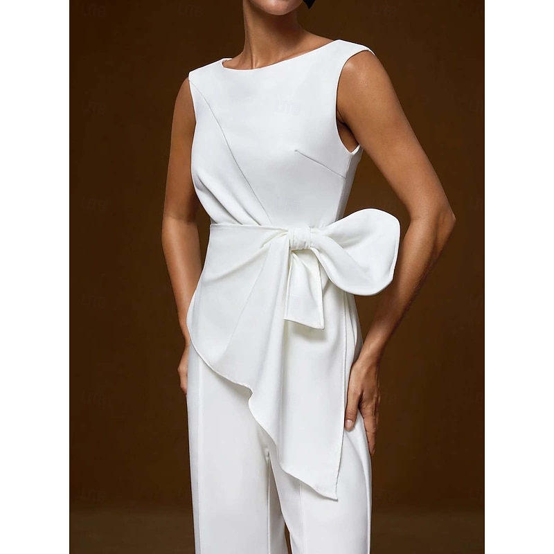 Jumpsuits Evening Gown Elegant Dress Wedding Wedding Guest Floor Length Sleeveless Boatneck Satin with Floral Bows Asymmetrical Hem2