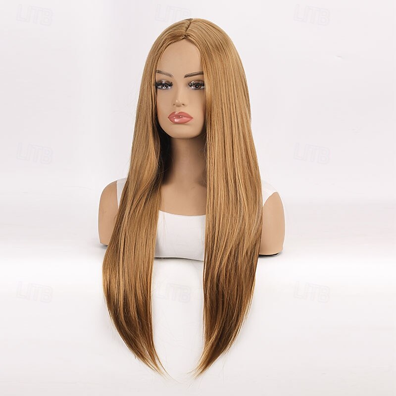 Synthetic Wig Yaki Straight With Bangs Machine Made Wig 30 inch Light golden Synthetic Hair Women's Classic Easy to Carry Adorable Blonde3
