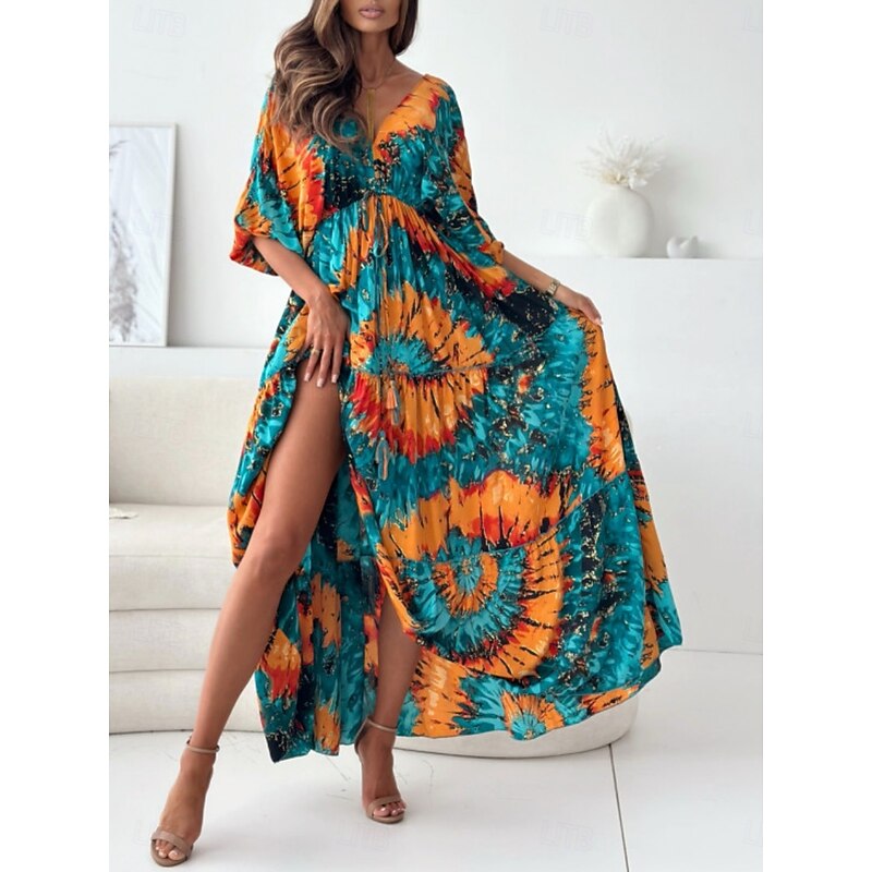 Women's Maxi Dress Casual Dress Swing Dress Boho Chic Dresses Bohemia Casual Boho Vacation Daily Loose Fit Floral Tie Dye 3/4 Length Sleeve V Neck Light Purple Green Summer Spring4