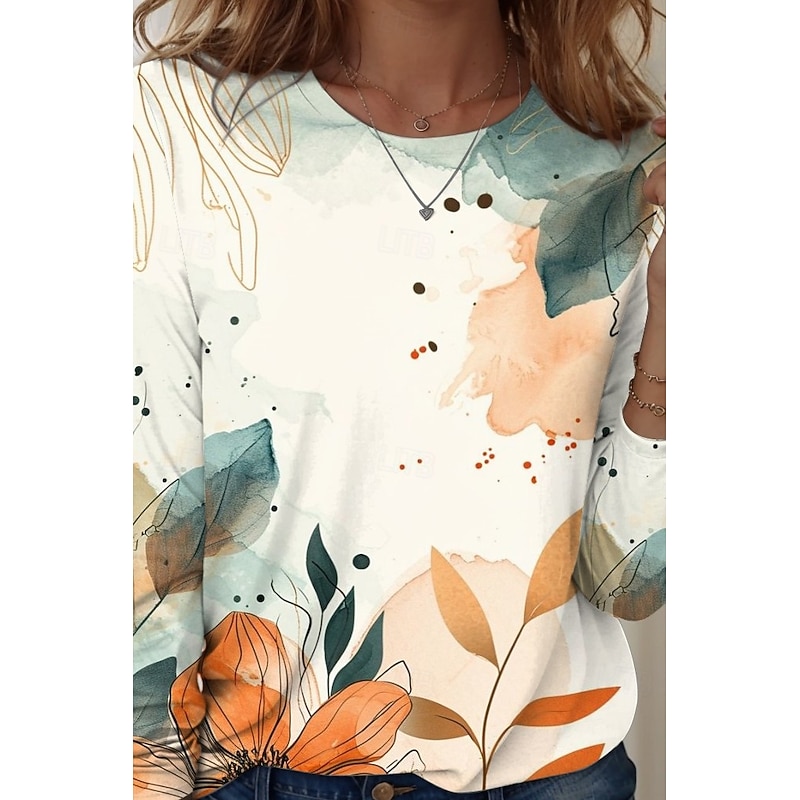 Women's T shirt Crew Neck Long Sleeve Tunic Floral Graphic Casual  Regular Tops Daily Print Yellow Spring Fall3