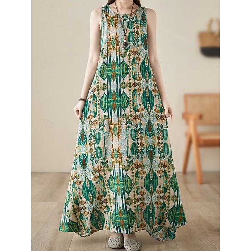 Women's Maxi Dress Cotton Linen Dresses Casual Dress Boho Chic Dresses Tank Dress Bohemia Casual Boho Vacation Daily Beach Loose Fit Geometric Sleeveless Crew Neck Green Summer4