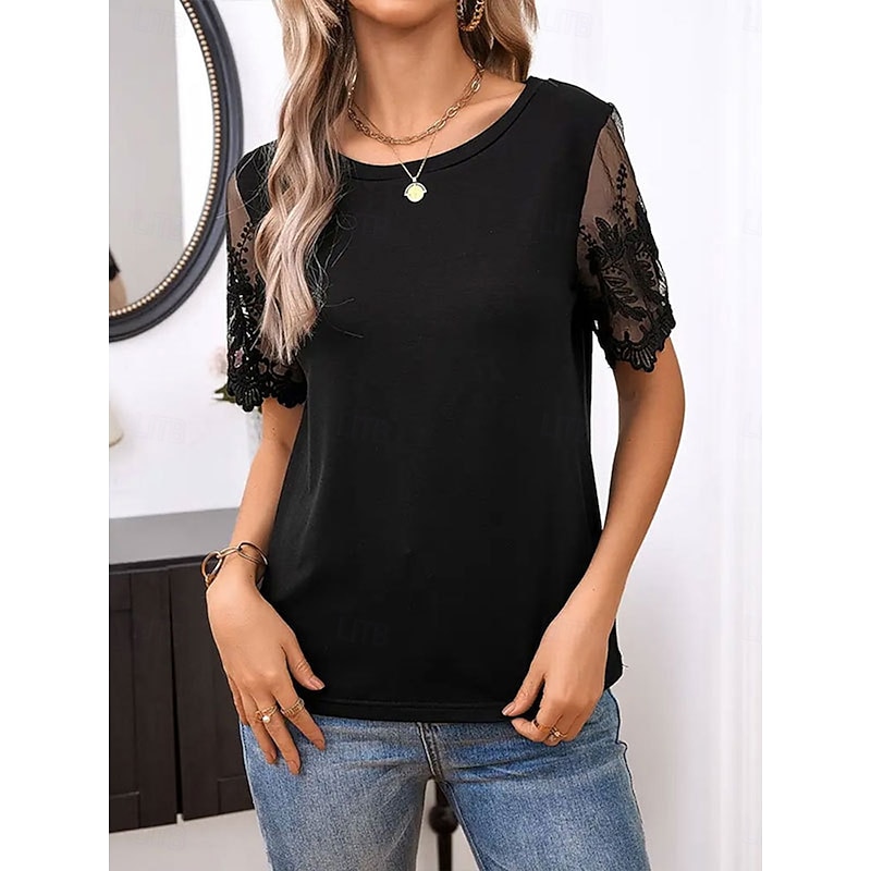 Women's Lace Splicing Top Fashion Casual Short Sleeve Crew Neck Regular Tops Daily Lace Black White Summer3