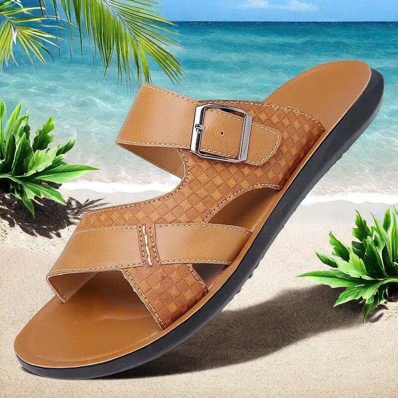 Men's Tan Faux Leather Buckle Strap Sandals – Stylish Summer Slides with Textured Design and Non-Slip Sole for Casual Outdoor Wear