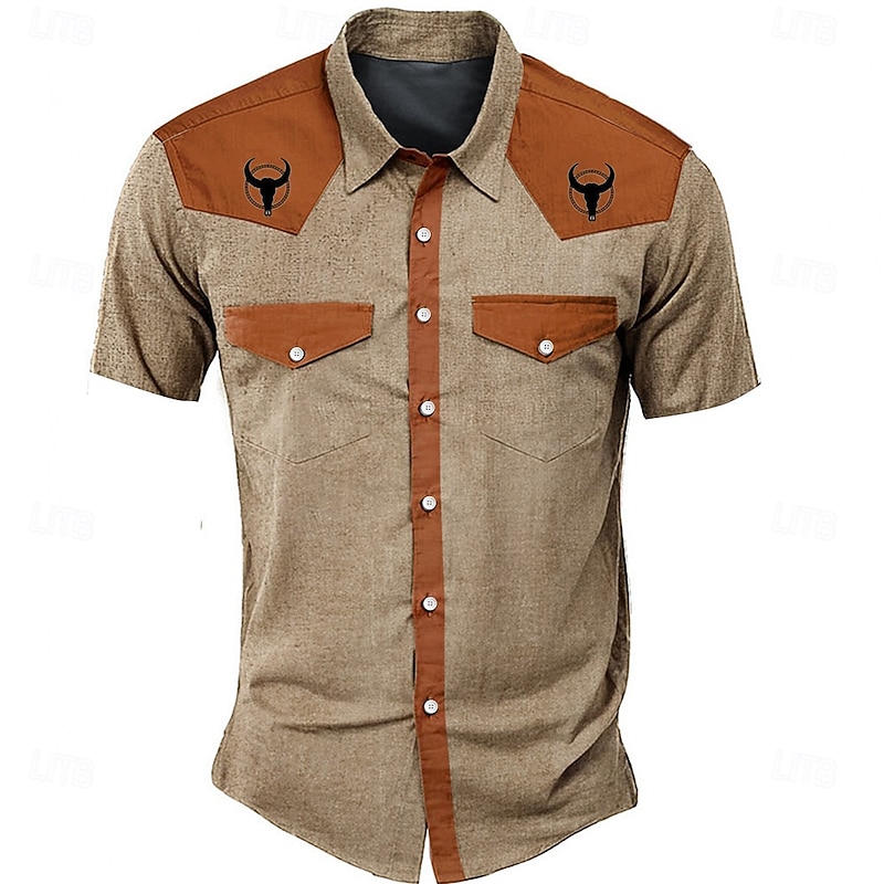 Men's Solid Color Color Block Western Shirt Short Sleeve Western Sports Outdoor Summer Turndown Button Up 2 Pockets Black Blue Beige