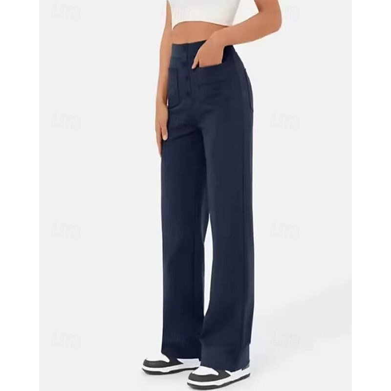 Women's Wide Leg Linen Pants Pants Trousers Lightweight Casual Full Length Mid Rise Plain Pocket Breathability Comfortable Inelastic Home Casual Daily Azure Navy Black Green Summer Spring Regular Fit3