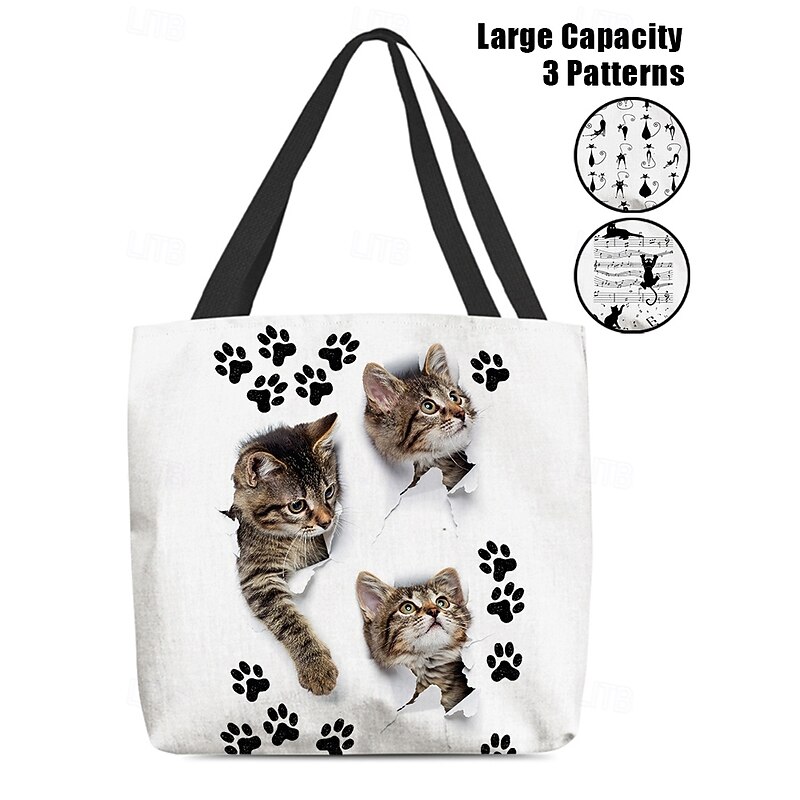 Large Capacity Tote Bag with 3D Cat Print and Paw Patterns – Casual Lightweight Shopping Bag for Cat Lovers, Perfect for Daily Use and Gift Giving2