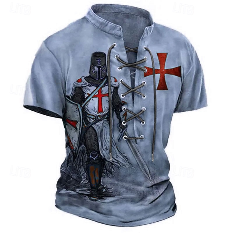 Men's T Shirt Graphic Knights Templar Stand Collar Clothing Apparel 3D Print Causal Memorial Day Short Sleeve Lace up Print Polyester Vintage Fashion Designer3