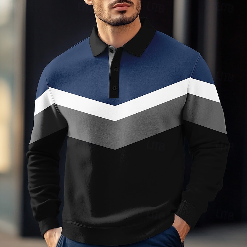 Men's Stripes Rugby Polo Cable Knit Polo Long Sleeve Polo Shirts Collared Shirts Casual Outdoor Athleisure 3D Print Spring Fall Winter Black Blue Green