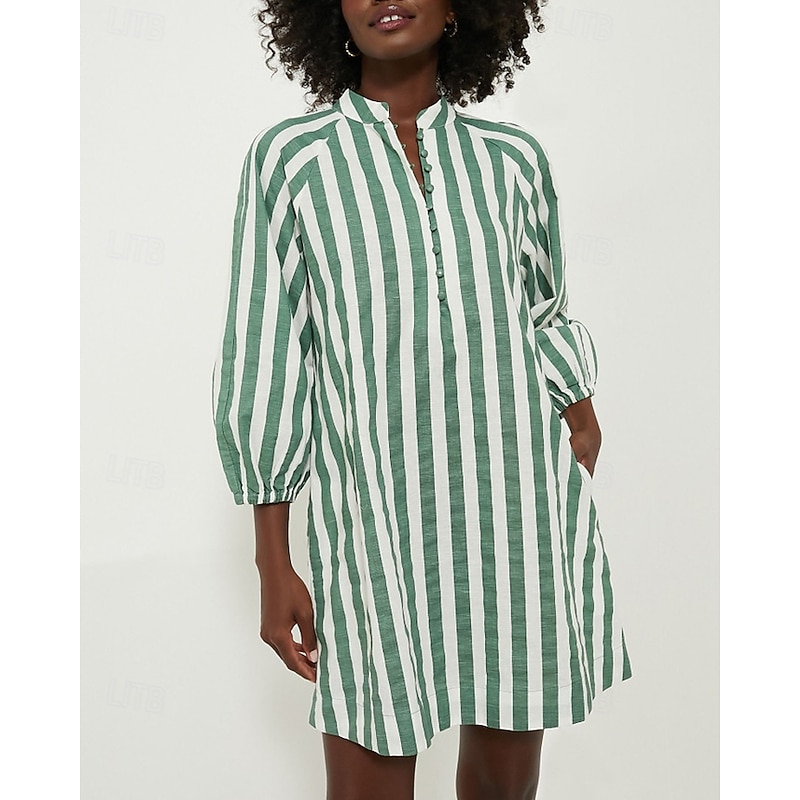 Women's Mini Dress Shirt Dress Casual Dress Summer Dress Stylish Casual Vacation Daily Date Regular Fit Stripe 3/4 Length Sleeve V Neck Pink Green Summer Spring2