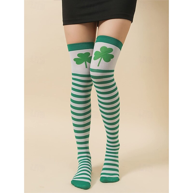 St. Patrick's Day Green and White Striped Knee-High Socks and Fingerless Gloves Set with Shamrock Design, Festive Accessories for Women, Perfect for Holiday Celebrations and Costume Parties2