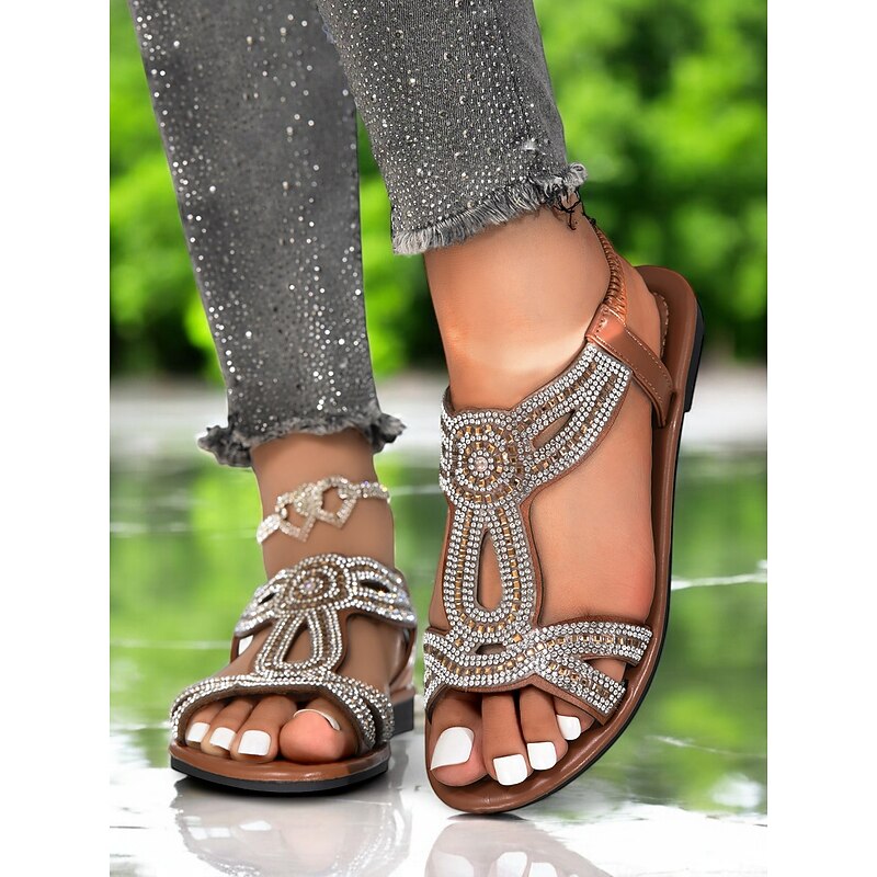 Women's Rhinestone Flat Sandals – Elegant Bohemian Gladiator Sandals for Weddings, Beach & Summer Outfits