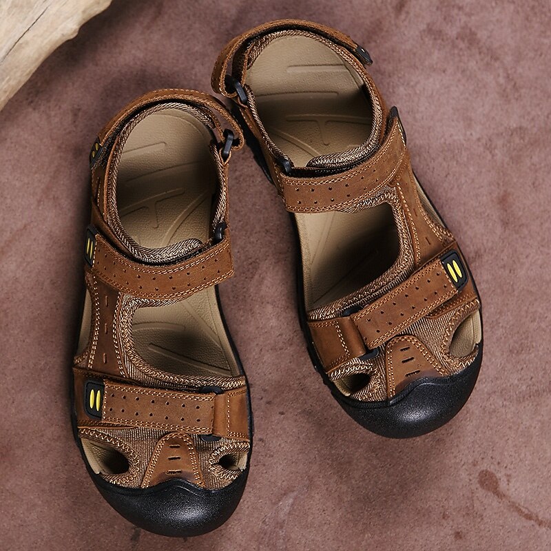 Men's Brown Faux Leather Hiking Sandals - Adjustable Straps, Closed-Toe Design, Anti-Slip Sole, Durable Outdoor Footwear for Summer Trekking4