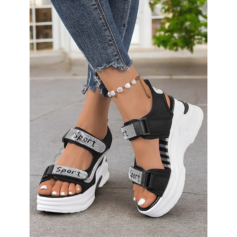 Women's Sporty Platform Sandals with Mesh Straps and Rhinestone Accents – Comfortable Wedge Design for Casual Wear, Travel and Outdoor Activities2