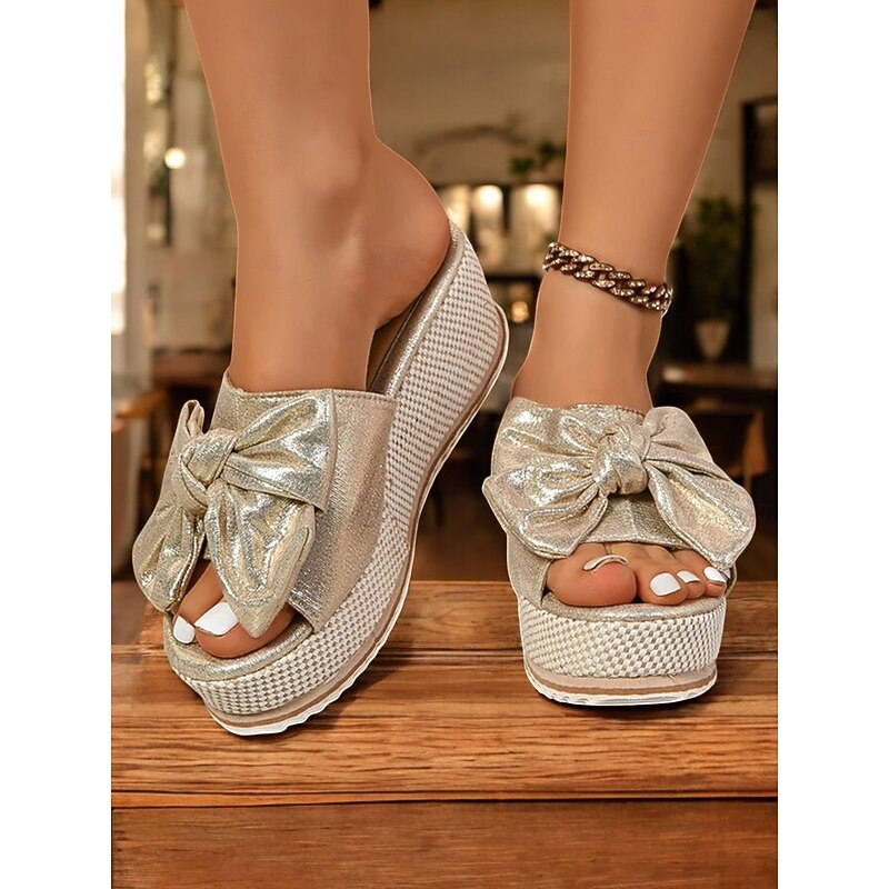 Gold Metallic Bow Wedge Sandals for Women - Glamorous Platform Slip-Ons for Casual Summer Outings2