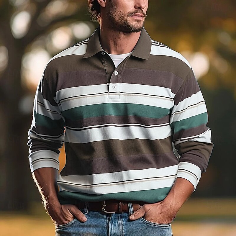 Men's Stripes Rugby Polo Long Sleeve Polo Shirts Collared Shirts Casual Outdoor Athleisure 3D Print Spring Fall Winter Blue Brown2