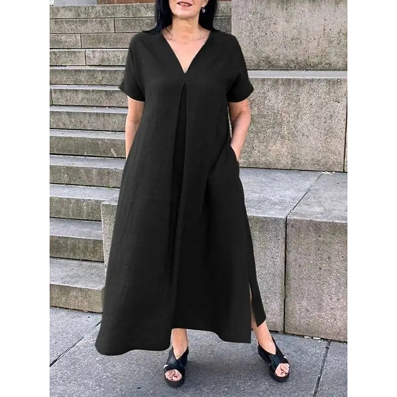 Women's Maxi Dress Cotton Linen Dresses Casual Dress Swing Dress Cotton Maxi Dress Basic Casual Vacation Daily Regular Fit Plain Short Sleeve V Neck Black Green Summer
