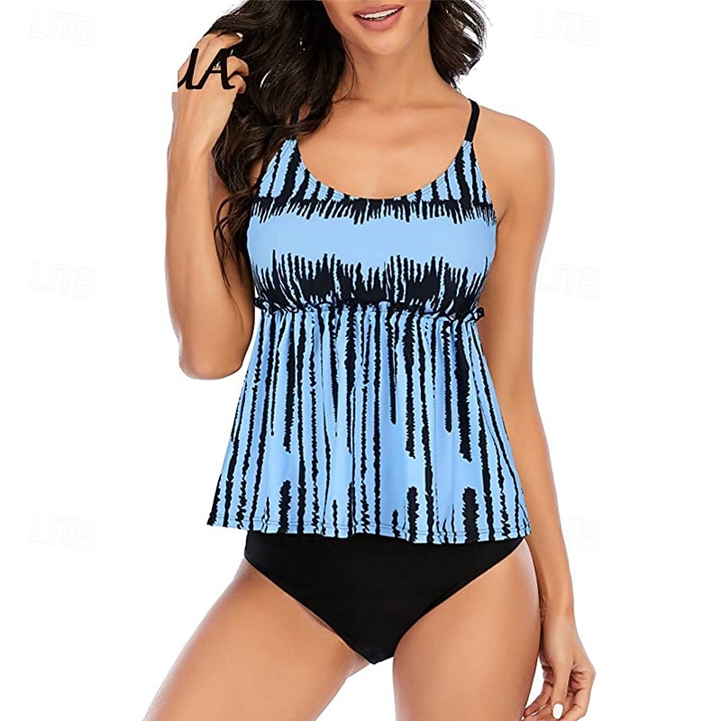 Women's Tankini Two Piece Swimsuit Backless Swimwear Floral Swimwear Light Blue Black Breathable Quick Dry Lightweight Sleeveless - Swimming Surfing Beach Summer Spring2