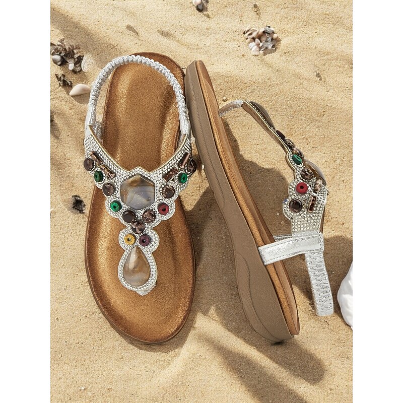 Women's Beaded T-Strap Sandals with Embellished Detail and Comfortable Wedge Heel – Ideal for Beach, Vacation and Casual Outings3
