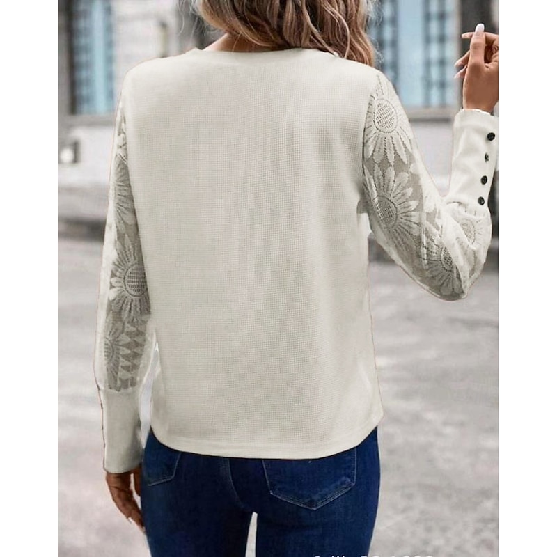 Women's White Elegant Lace Tops Eyelet Blouse Dressy Tops Elegant Lace Buttons Long Sleeve Crew Neck Daily Romantic Petite Tops Summer Holiday Wear Pink Khaki Summer Semi Formal Blouses2