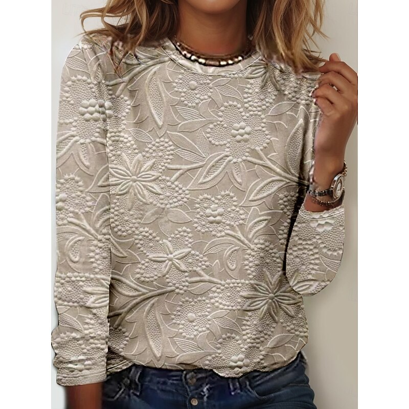 Women's T shirt Crew Neck Long Sleeve Tunic Floral Casual  Regular Tops Daily Print Beige Spring Fall