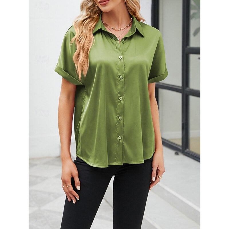 Women's Shirt Elegant Dressy Satin Solid Color Business Modern Casual Short Sleeve Shirt Collar Regular Tops Work Formal Wear Buttons Wine Summer Spring4
