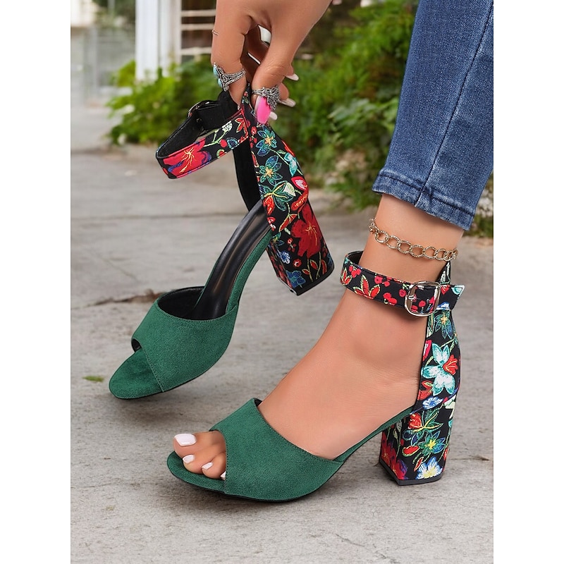 Women's Green Open-Toe Sandals with Floral Block Heels and Adjustable Ankle Straps - Elegant Summer Shoes for Weddings and Casual Occasions3