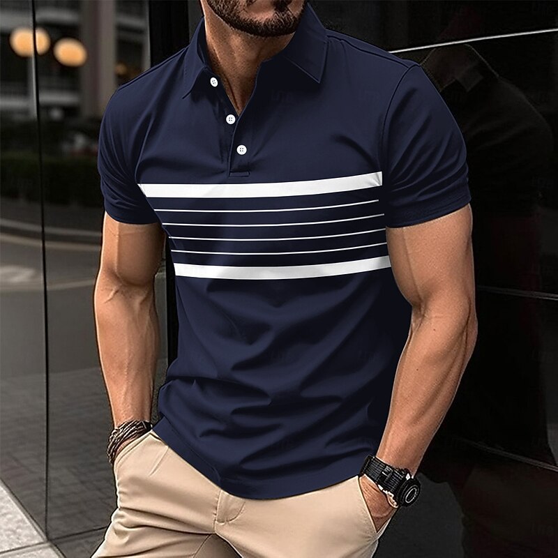 Men's Polo Business Polo Business Casual Lapel Classic Short Sleeve Color Block Stripes Buttons Summer Spring &  Fall Black Red Navy Blue Brown Khaki Polo