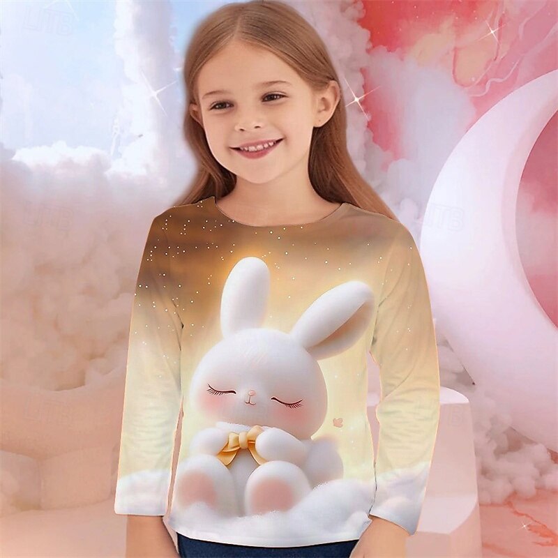 Easter Girls' 3D Graphic Animal Rabbit T shirt Tee Long Sleeve Spring Fall Fashion Basic Kids 4-12 Years Crew Neck Outdoor Casual Daily Regular Fit