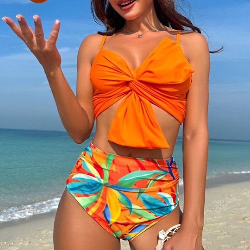 Women's Tankini Two Piece Swimsuit Deep V Racerback Swimwear Floral Swimwear Dark Yellow Black / White Breathable Quick Dry Lightweight Sleeveless - Swimming Surfing Beach Summer Spring2