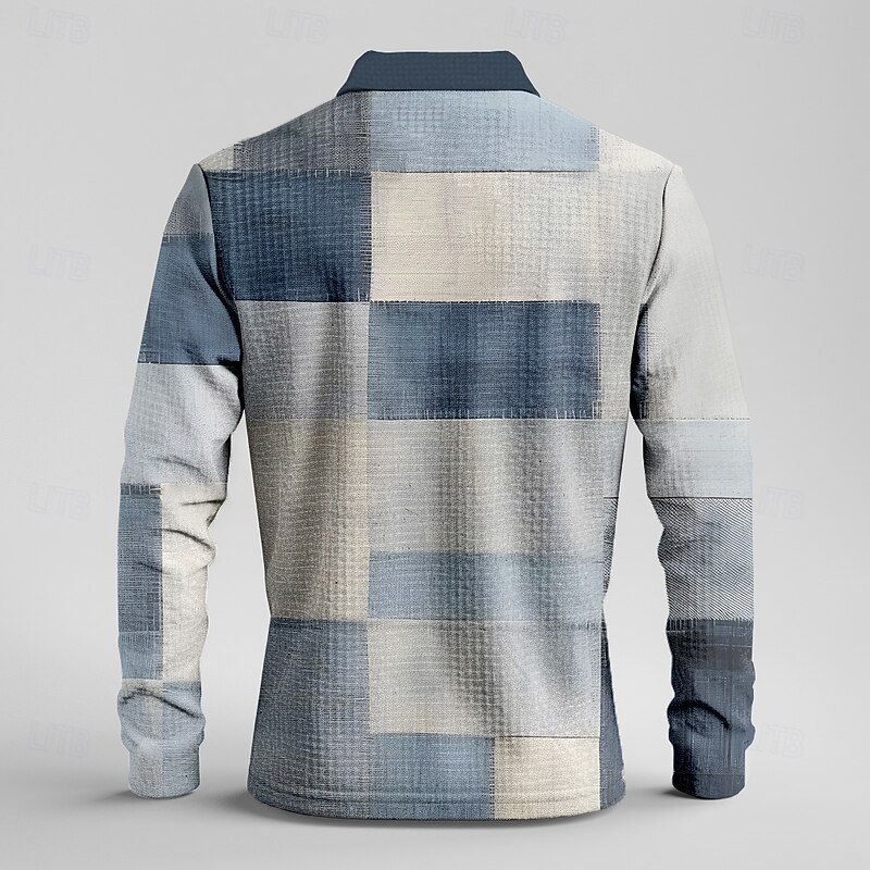 Men's Graphic Waffle Polo Shirts Long Sleeve Polo Shirts Collared Shirts Casual Outdoor Athleisure Streetwear Buttons Blue Green Gray4