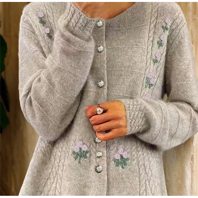 Women's Sweater Cardigan Crew Neck Cable Knit Embroidered Buttons Knitted Drop Shoulder Spring Fall Home Daily Holiday Vintage Daily Soft Long Sleeve Floral Pure Color Camel Beige3