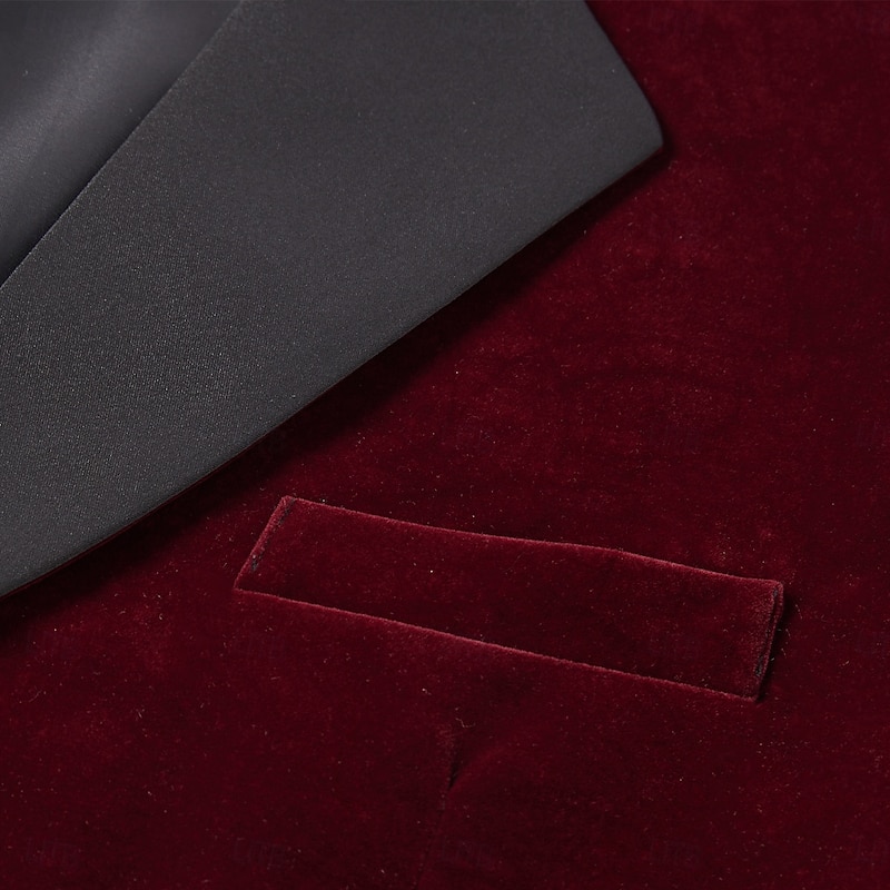 Men's Blazer Jacket Tuxedo Notch Collar Vintage Party Velvet Patchwork Solid Colored Blazer Burgundy Green Standard Fit4