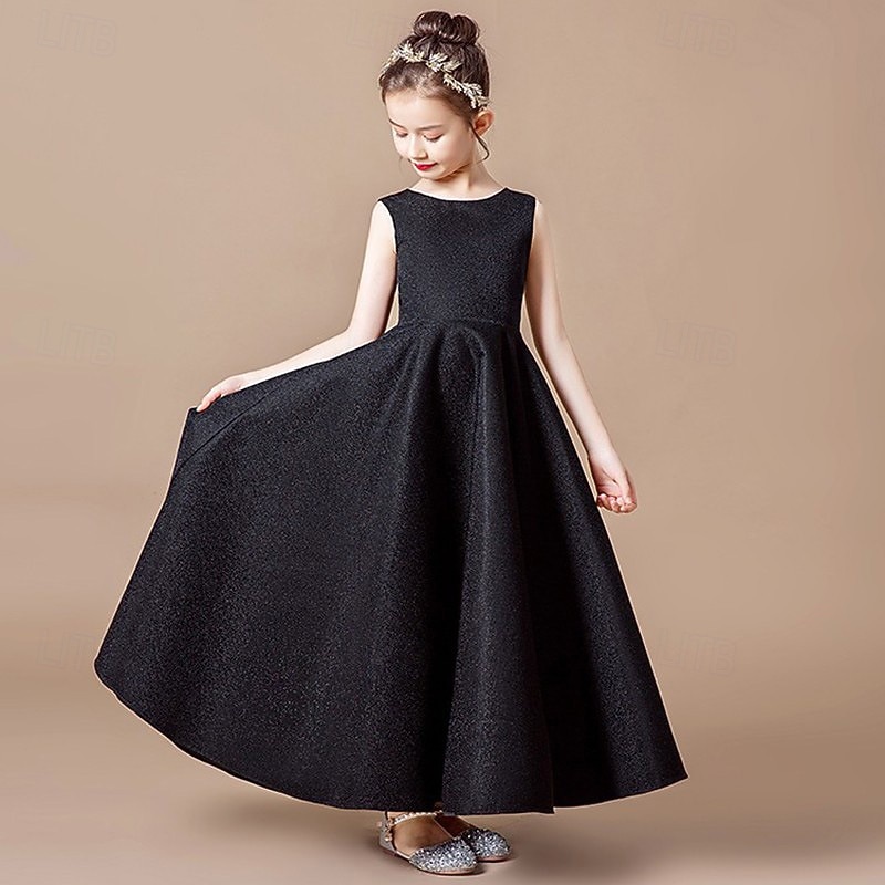 Flower Girl Dress Kid's Girls' Princess Dress Performance Wedding Party Elegant Beautiful Solid Color Sleeveless Crew Neck Grey Black 4 years+3