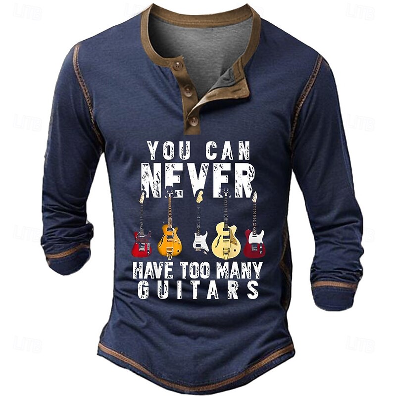 Men's Graphic Guitar Henley Shirt Tee Long Sleeve Vintage Fashion Designer Outdoor Casual Daily Spring &  Fall Army Green Black Navy Blue Henley Henley T-Shirt