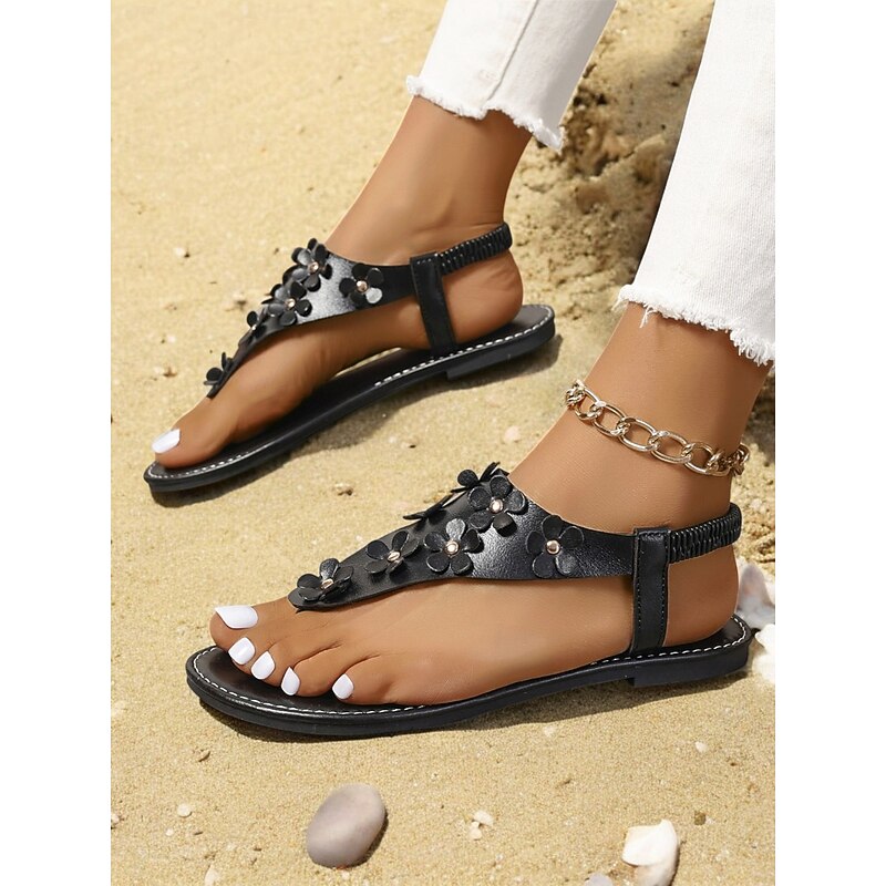 Women's Black Floral T-Strap Sandals with Comfortable Sole - Casual Summer Footwear for Beach and Everyday Outings2