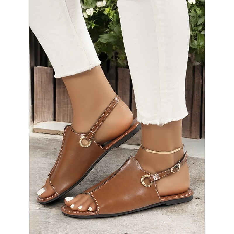 Women's Brown Open-Toe Faux Leather Sandals – Casual Slingback Flats with Rhinestone Buckle for Summer & Everyday Wear2