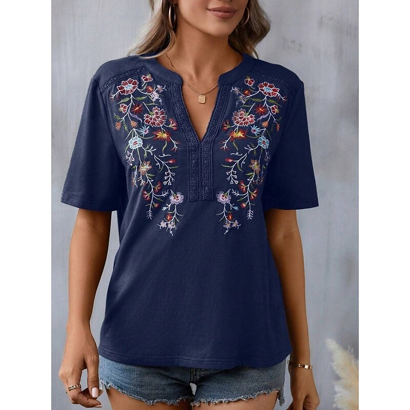 Women's Shirt Blouse Floral Stylish Casual Short Sleeve Notched Neck Regular Tops Daily Embroidered Army Green Navy Blue Summer2
