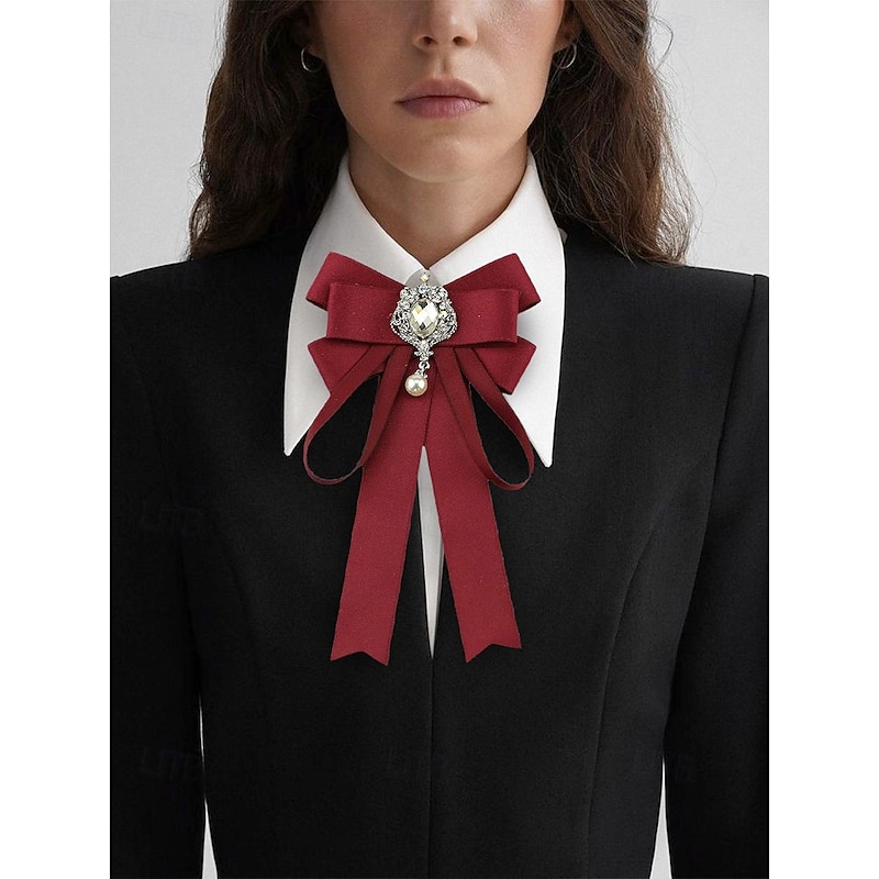 Elegant Burgundy Bow Tie with Jewel Pendant – Victorian Style Women's Accessory for Formal Events, Weddings and Cosplay