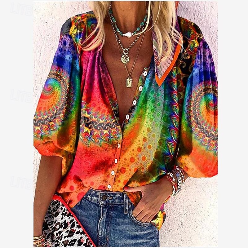Women's Shirt Long Sleeve Button Down Blouse Daily Basic Neon & Bright Buttons Print Regular Tops V Neck Casual Yellow Orange Fall & Winter