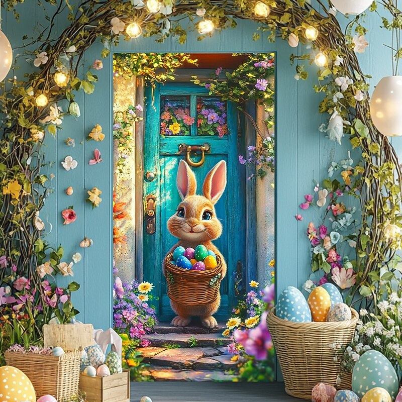 Door Decorations Door Covers Bunny Holding Eggs Door Tapestry Door Curtain Decoration Backdrop Indoor/Outdoor Door Banner for Front Door Farmhouse