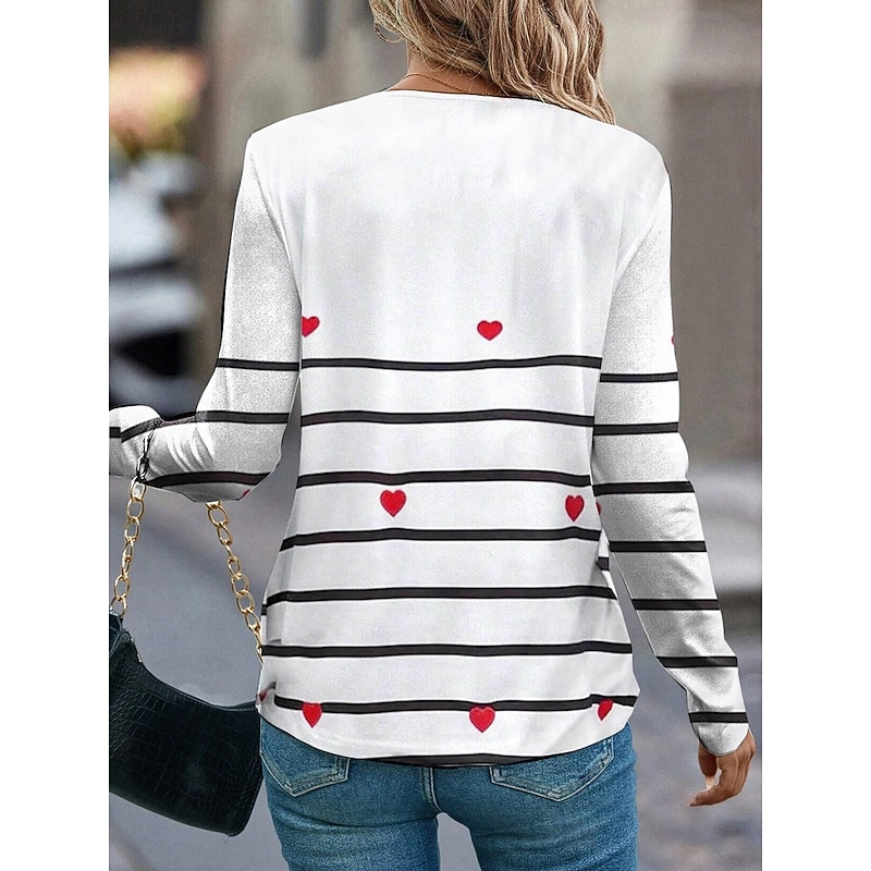 Women's T shirt Crew Neck Long Sleeve Tunic Heart Striped Casual  Regular Tops Daily Print White Spring Fall3