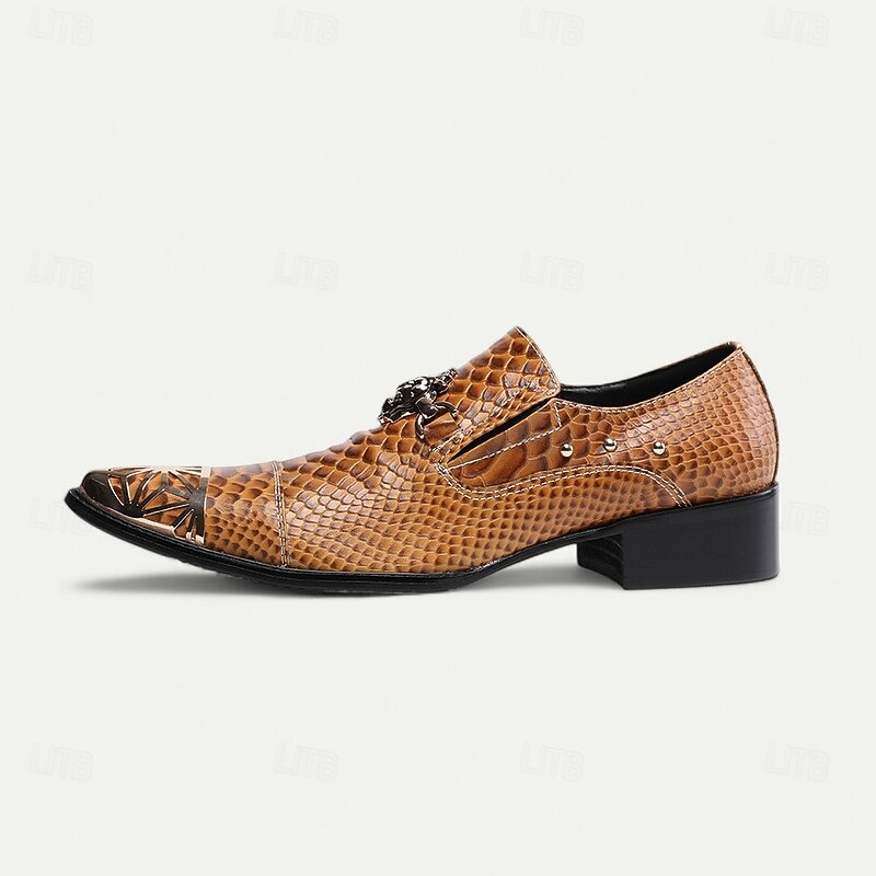 Men's Brown Snake Pattern Leather Slip-On Shoes with Metal Toe Cap and Lion Ornament - Premium Cowhide Western Style for Formal Events and Parties4