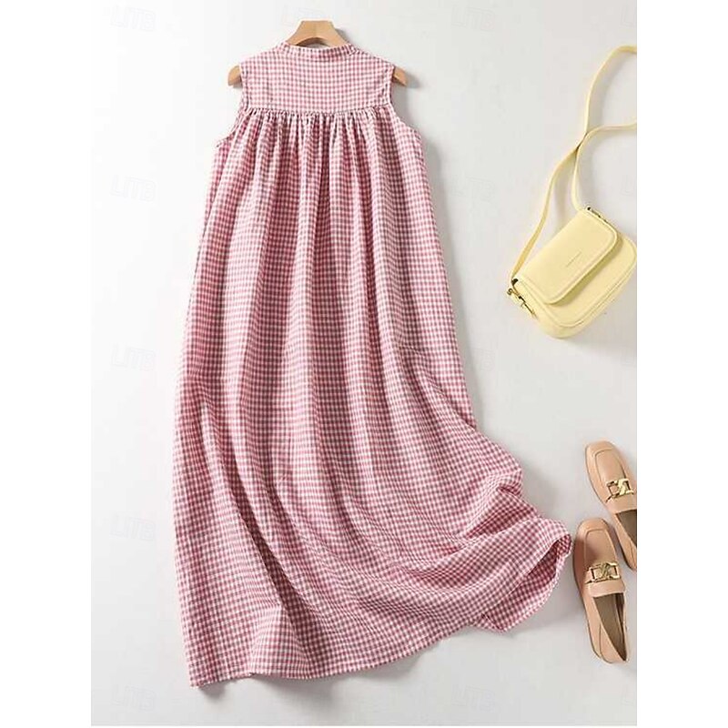 Women's Maxi Dress Cotton Linen Dresses Casual Dress Tank Dress Cotton Maxi Dress Basic Casual Vacation Daily Regular Fit Plaid Sleeveless V Neck Red Summer2